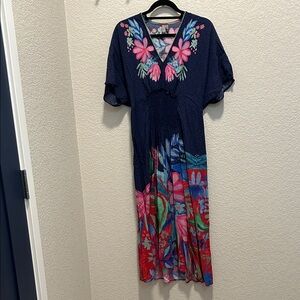 Navy Floral V-Neck Maxi Dress - Pink & Blue Floral Print